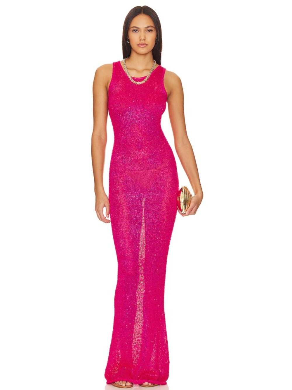 NEW ASTA RESORT Natalia Maxi Dress in Fuchsia Sequin Hot Pink Sheer Mesh XS